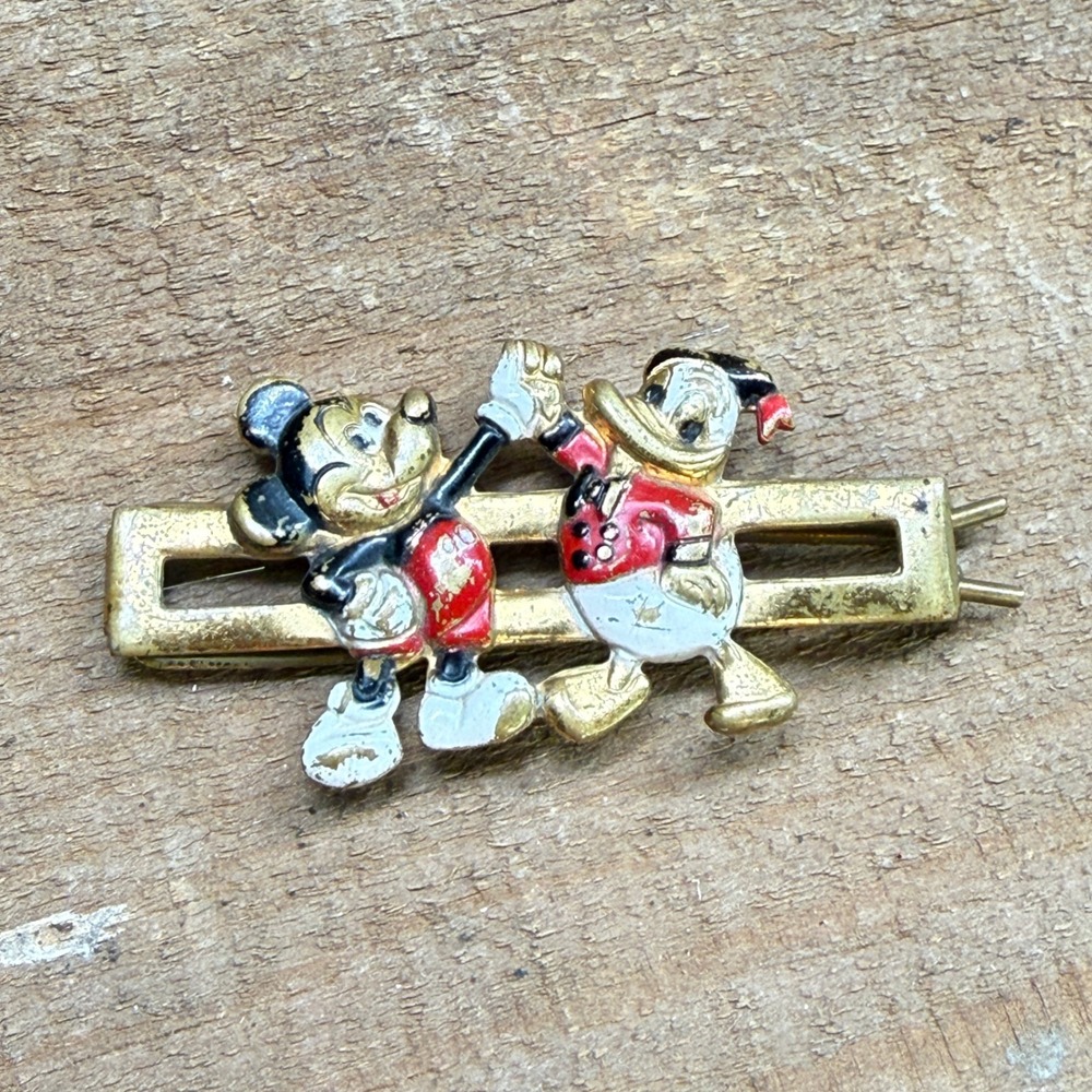 Vintage Disney Mickey Mouse Donald Duck‎ High Five Metal Hair Barrette Clip Gold